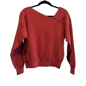 Line And Dot Sweater Pullover Asymmetric Neck Red Stretchy Ribbed Size Medium